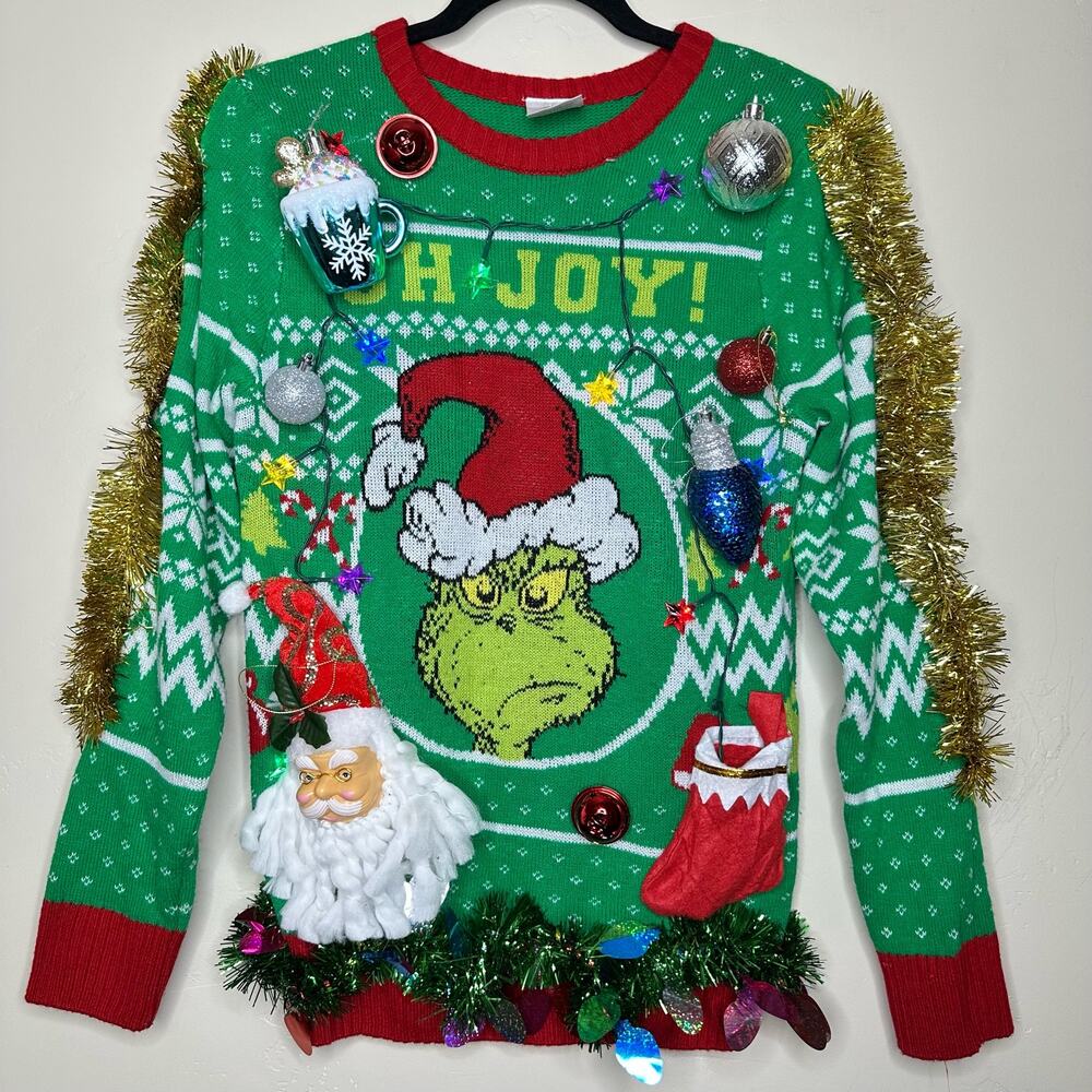 Ugly Christmas Sweater Grinch LIGHTS UP Tacky Tinsel Xmas Party Winner Small
